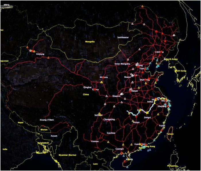 Figure 1: Target Set. The Railroad network is in red, with the Yangtze displayed (quite improbably) in blue as far as the 3 Gorges Dam. Provinces are labeled. Red targets are refinery targets (including SPR sites), orange are international pipeline links, white targets are transportation targets (mostly tunnels) while yellow targets are rail bridges over water. Blue symbols represent the minefield laydown.