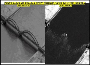 Figure 14: Pre and poststrike photos of the Zezelj Bridge in Novi Sad (NATO)