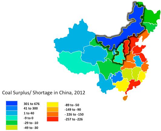 Figure 5: Coal Demand in China, 2012. The primary coal-producing provinces are outlined in black.