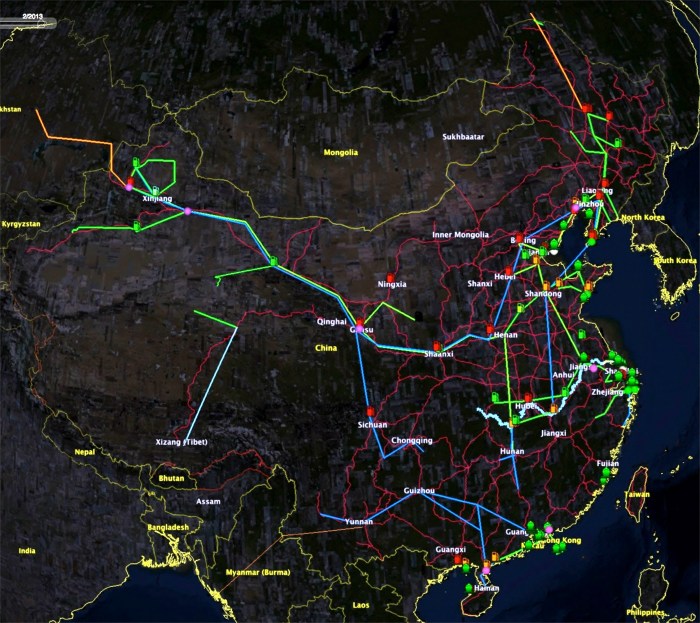 Figure 6: China's Energy Infrastructure. Crude oil pipelines are in green (orange if international), and oil product pipelines are blue. Refineries (gas pumps) that produce jet fuel are red, with orange producing jet fuel components. Green refineries mostly produce chemicals and no fuel. Oil terminals are green ships, green and purple circles are the SPR sites, and the rail network is in red. No teakettle refineries or province borders are displayed.